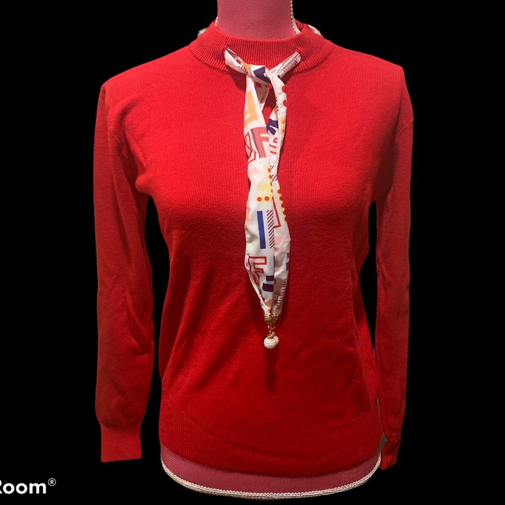 tie neck long sleeve sweater red one size
